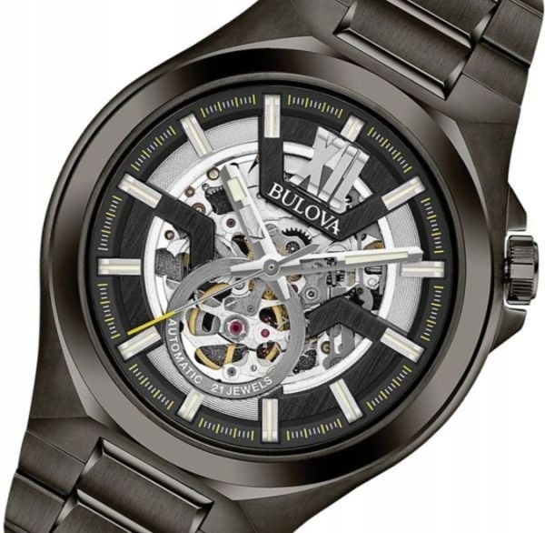 Pánské Hodinky Bulova 98A179 Skeleton Automat Safír Grafit Pvd Box