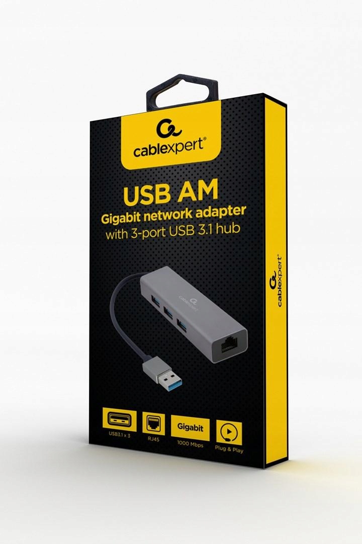 Gembird Adapter Usb-am Do Lan Gigabit Hub Usb 3.0 X3 Czarny