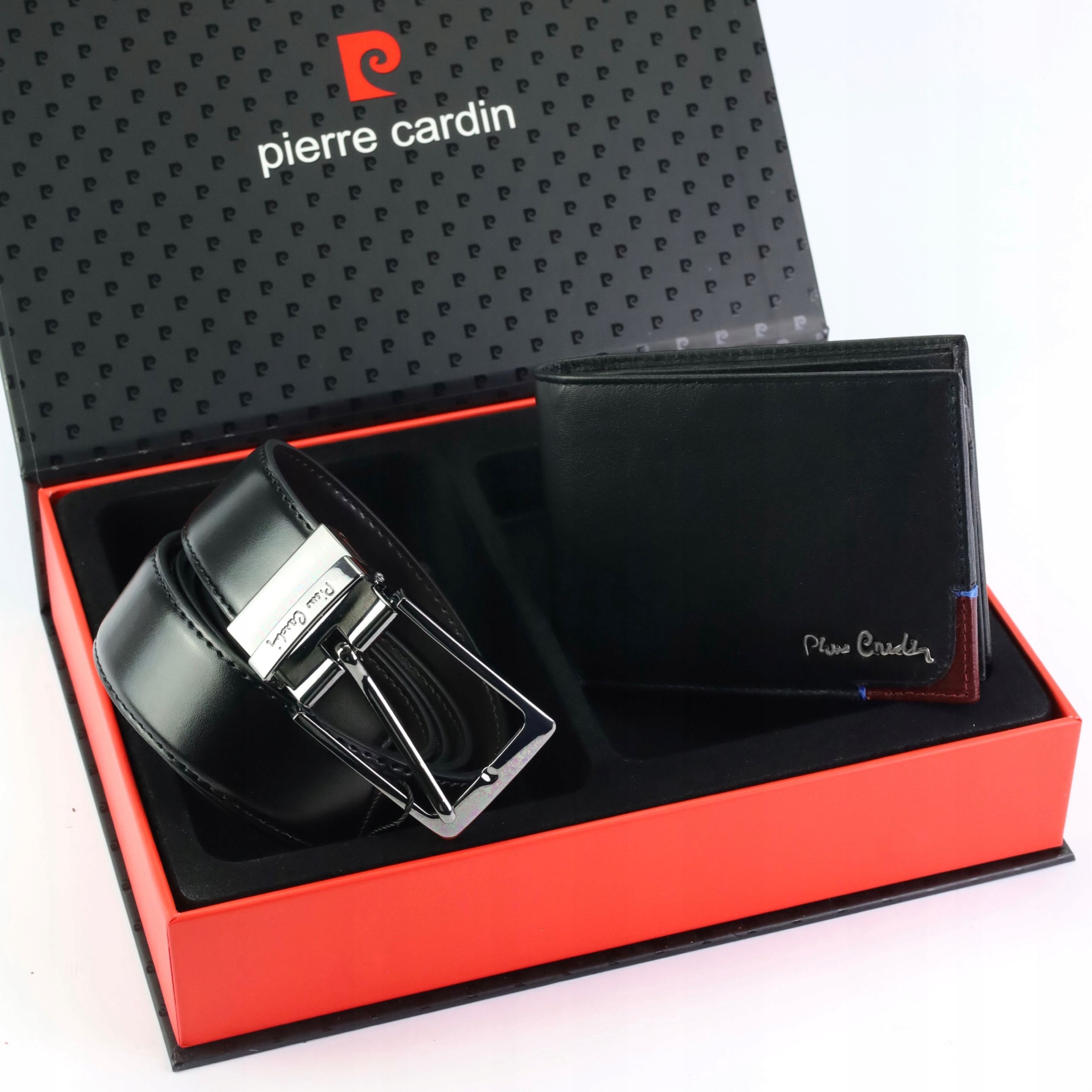 Pierre Cardin Zestaw Prezentowy portfel pasek 130 cm czarny czerwony