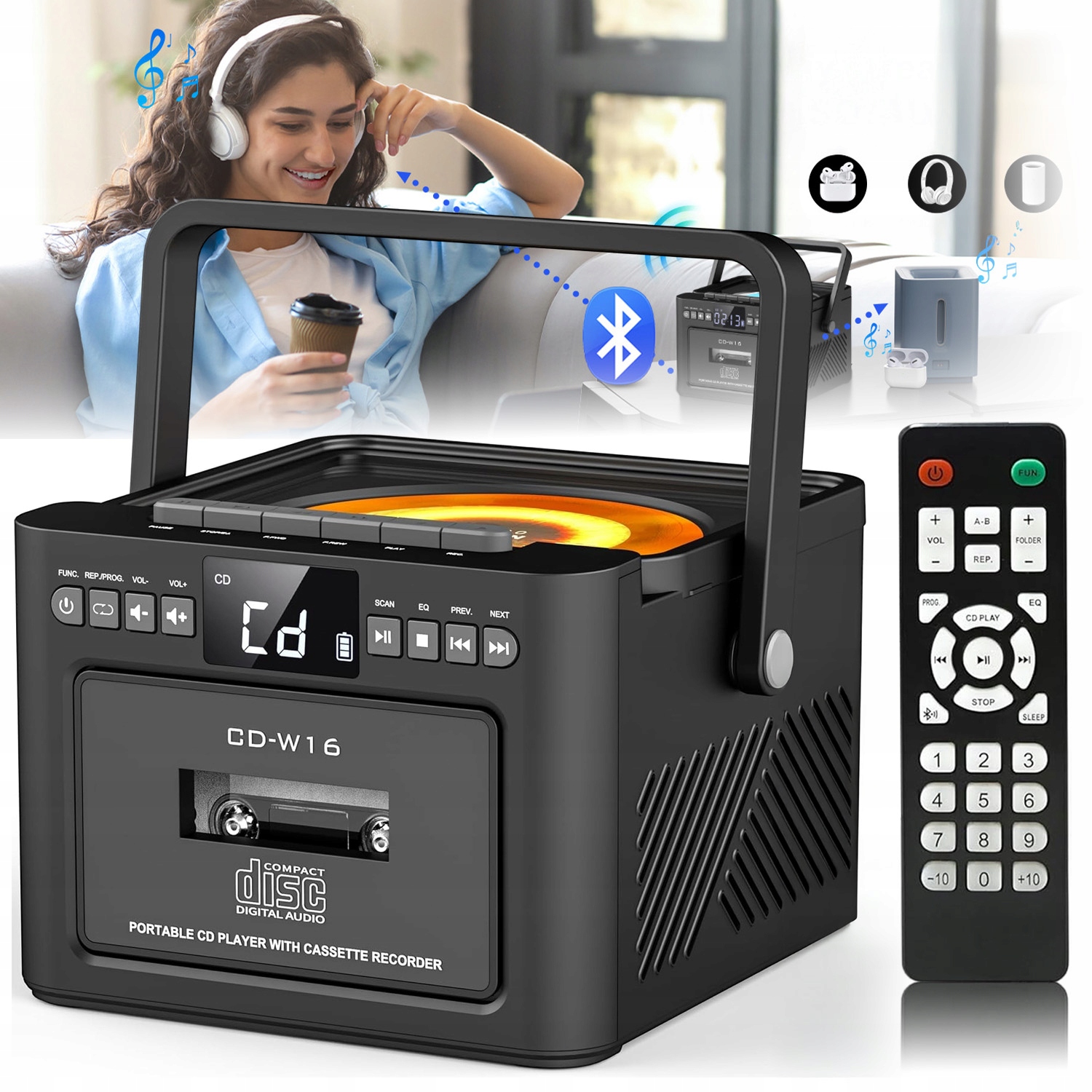 Přenosný CD Přehrávač Discman Bluetooth Aux Reproduktory Usb, Sd Karta