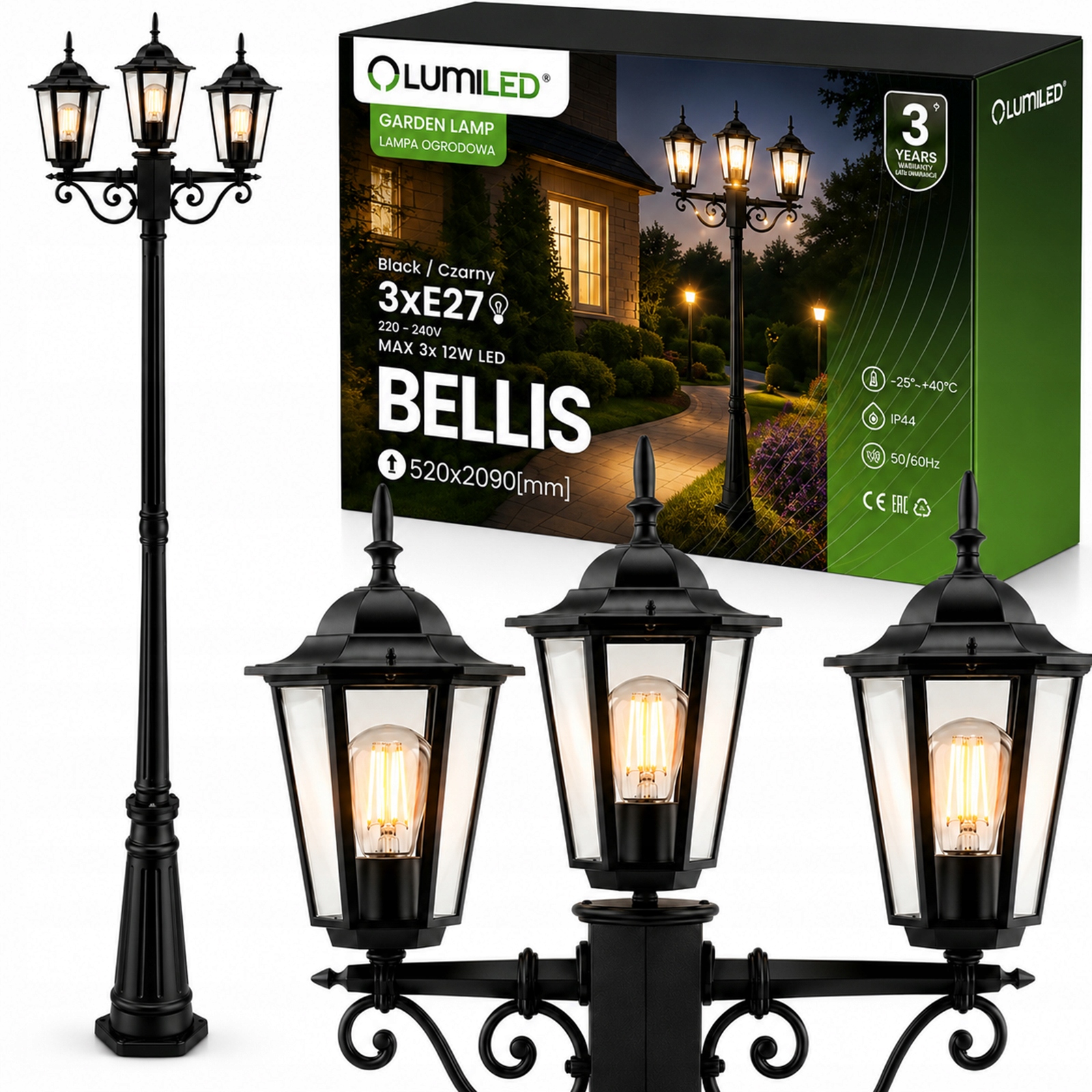 Vonkajšia záhradná lampa Stojaca Parková Lampička 2 m Led 3x E27