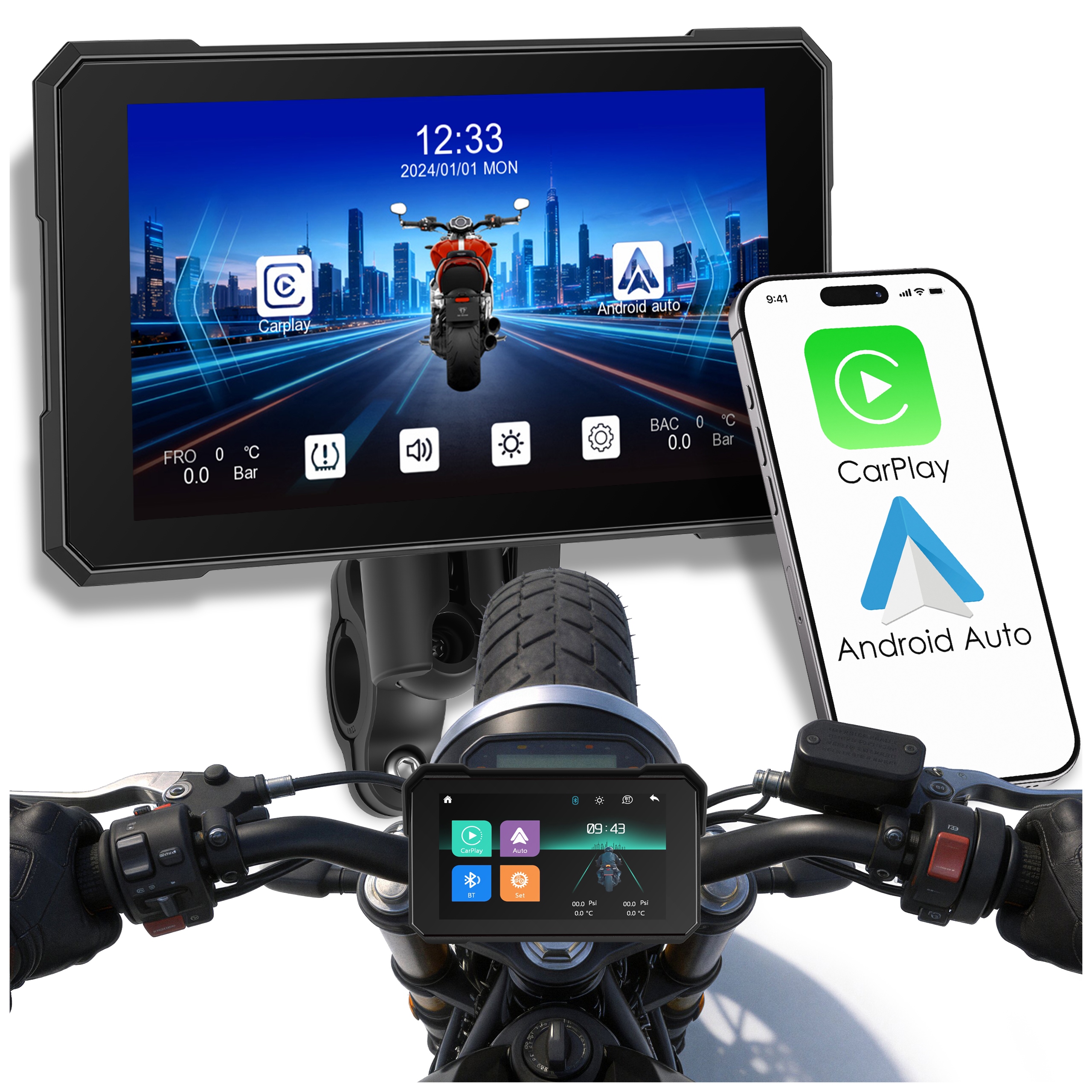 Multimediálna Motocyklová Stanica Tablet Navigácia Carplay Android Auto 5"