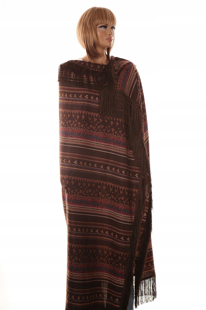 B-2888 OGROMNA CHUSTA KLASYCZNY BRĄZ PRINT FRĘDZLE Marka bez marki