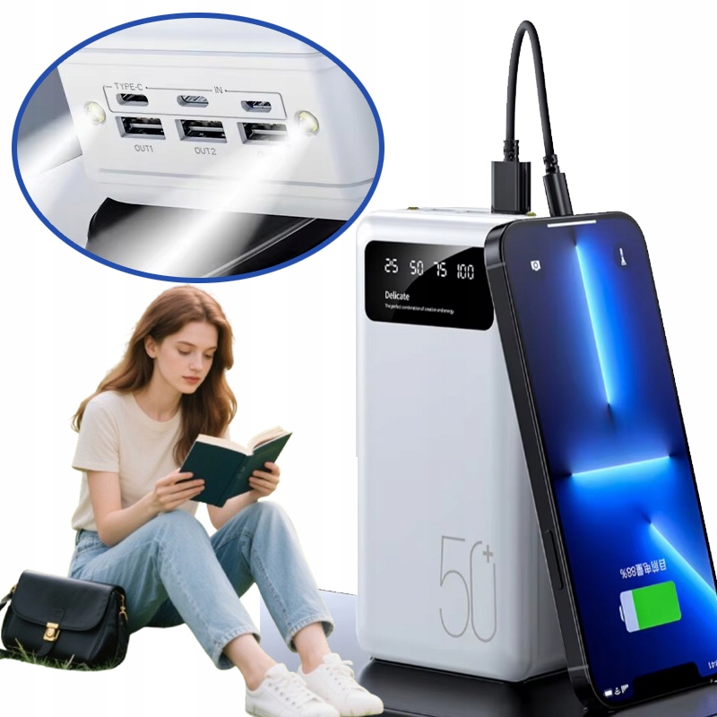Powerbank 50000MAH power bank Ładowarka Szybka Usb-c Mocny Z Lampą biały