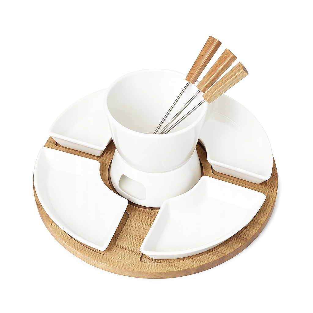 Sada na fondue s dřevěným podnosem, 4 porcelánové misky 4 vidličky