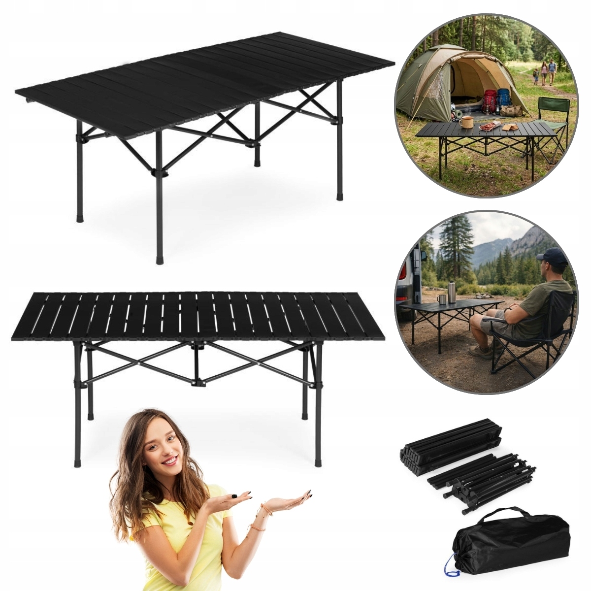 Stolik Turystyczny Składany Kempingowy 120 X 55 CM Czarny Z Torbą