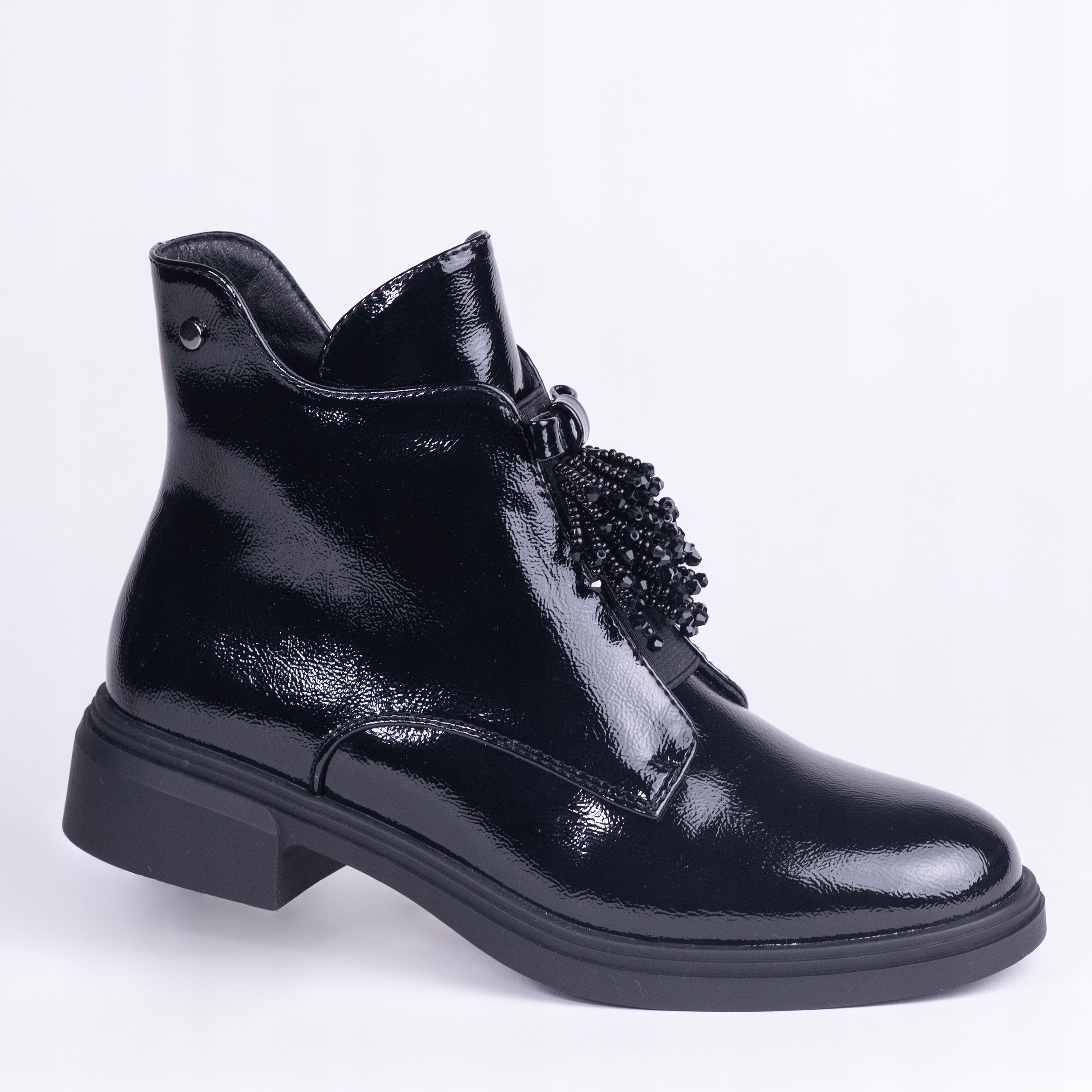 kozačky kotníkové boty Goodin HX-7221A, lakovaná kůže, aplikace z ekokůže, černé 40