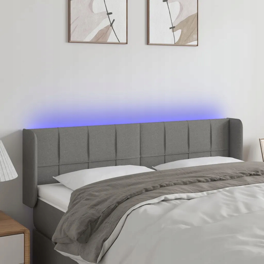 Čelo postele s Led tmavě šedé 147 x 16 x 78/88 cm textil Šedá 3123235