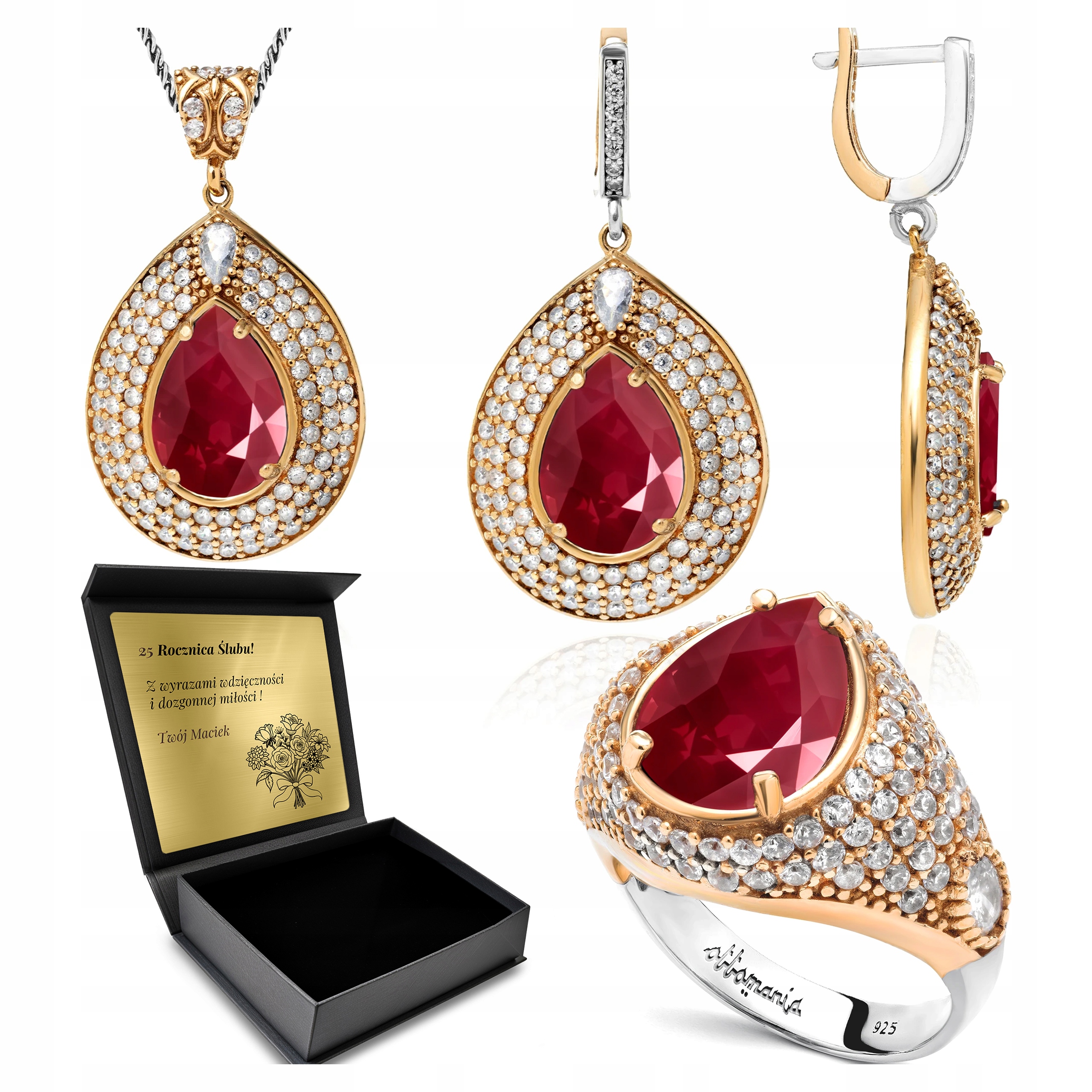 Komplet Stříbrných Šperků 925 Zirkony A Rubín Dárek pro ženu Gravírování