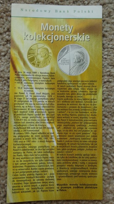 Folder 10 zł 1999 PAPIEŻ-PIELGRZYM,stan I