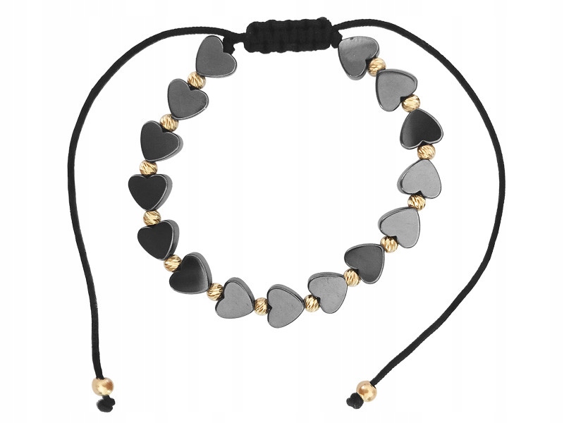 Zlatý náramek na černém provázku 585 se srdíčky, hematit srdce 14k