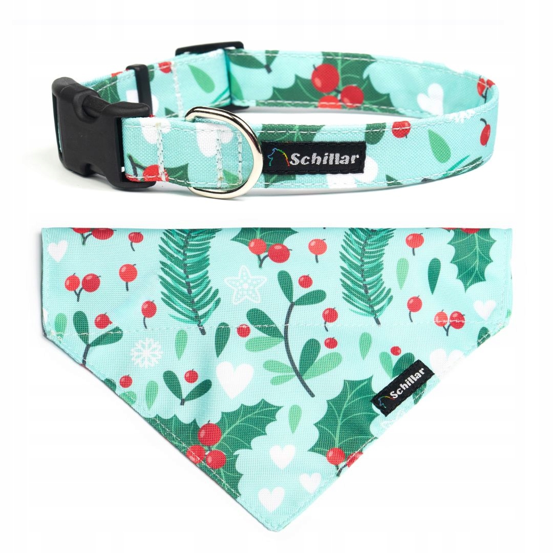 Levně Vánoční sada pro psa obojek na přezku nákrčník holly mint L 40-60cm