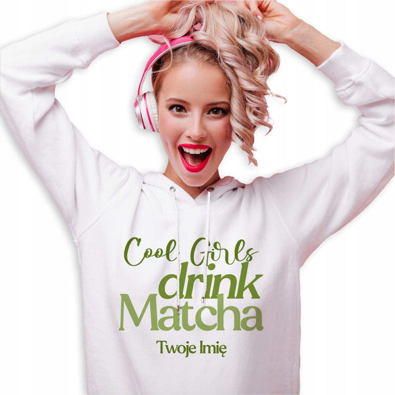 Mikina Hoodie Bílá Pro milovnici Matchy Girls Drink Matcha Jméno M