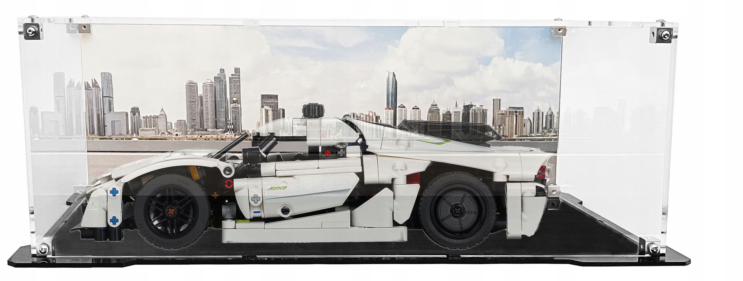 Vitrína s černou základnou a pozadím pro stavebnici Lego 42184 Koenigsegg Jesko