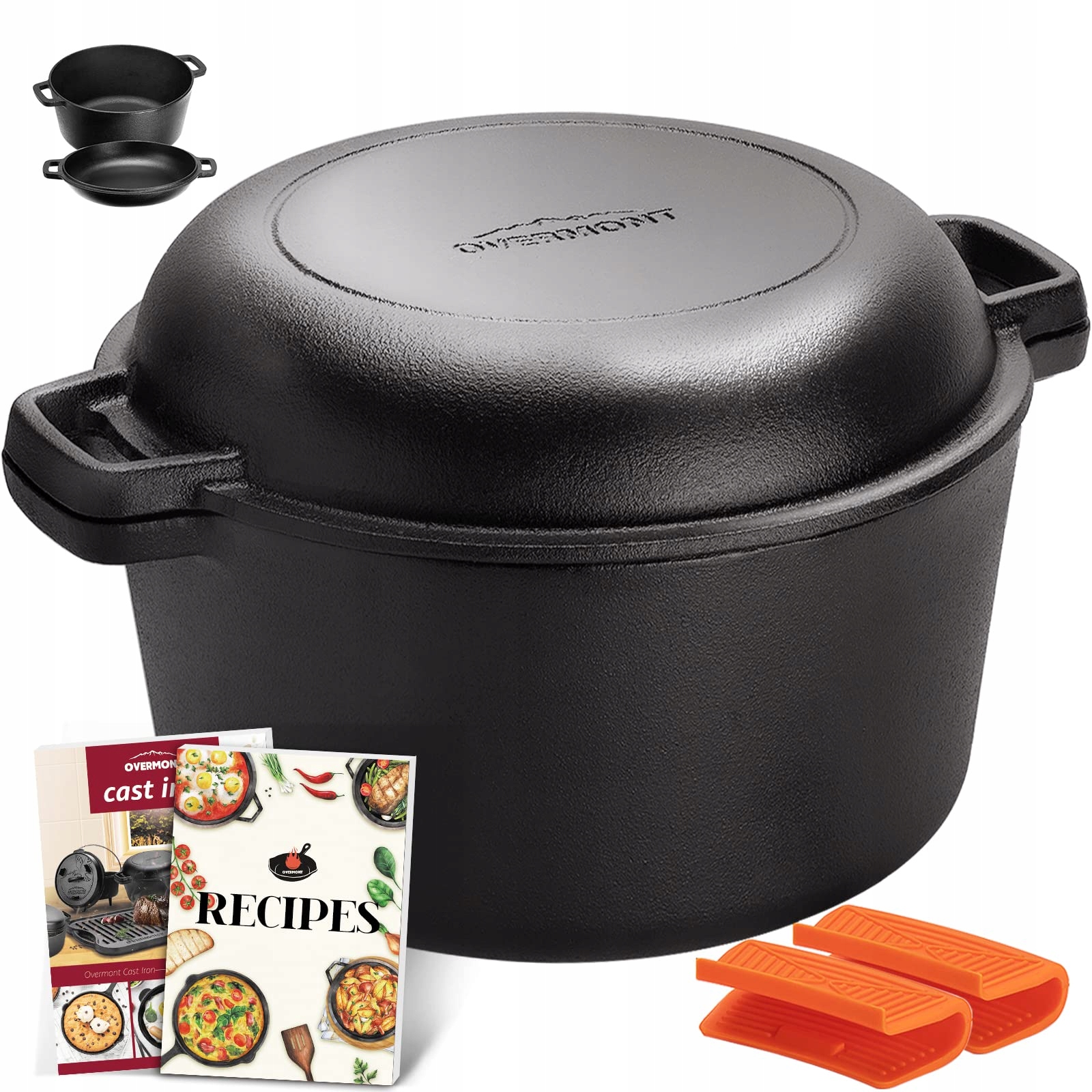 Liatinový hrniec Overmont Dutch Oven, dvojitá funkcia, na kempovanie