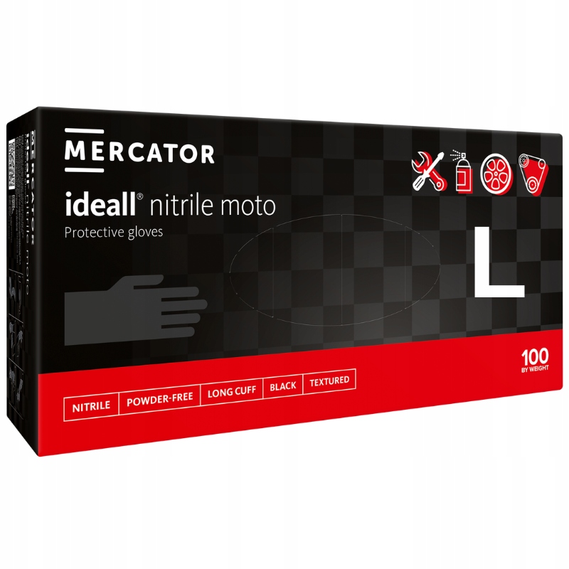 Rękawiczki WARSZTATOWE CZARNE MERCATOR ideall MOTO BLACK mocne 100 szt. r.L EAN (GTIN) 885743154070