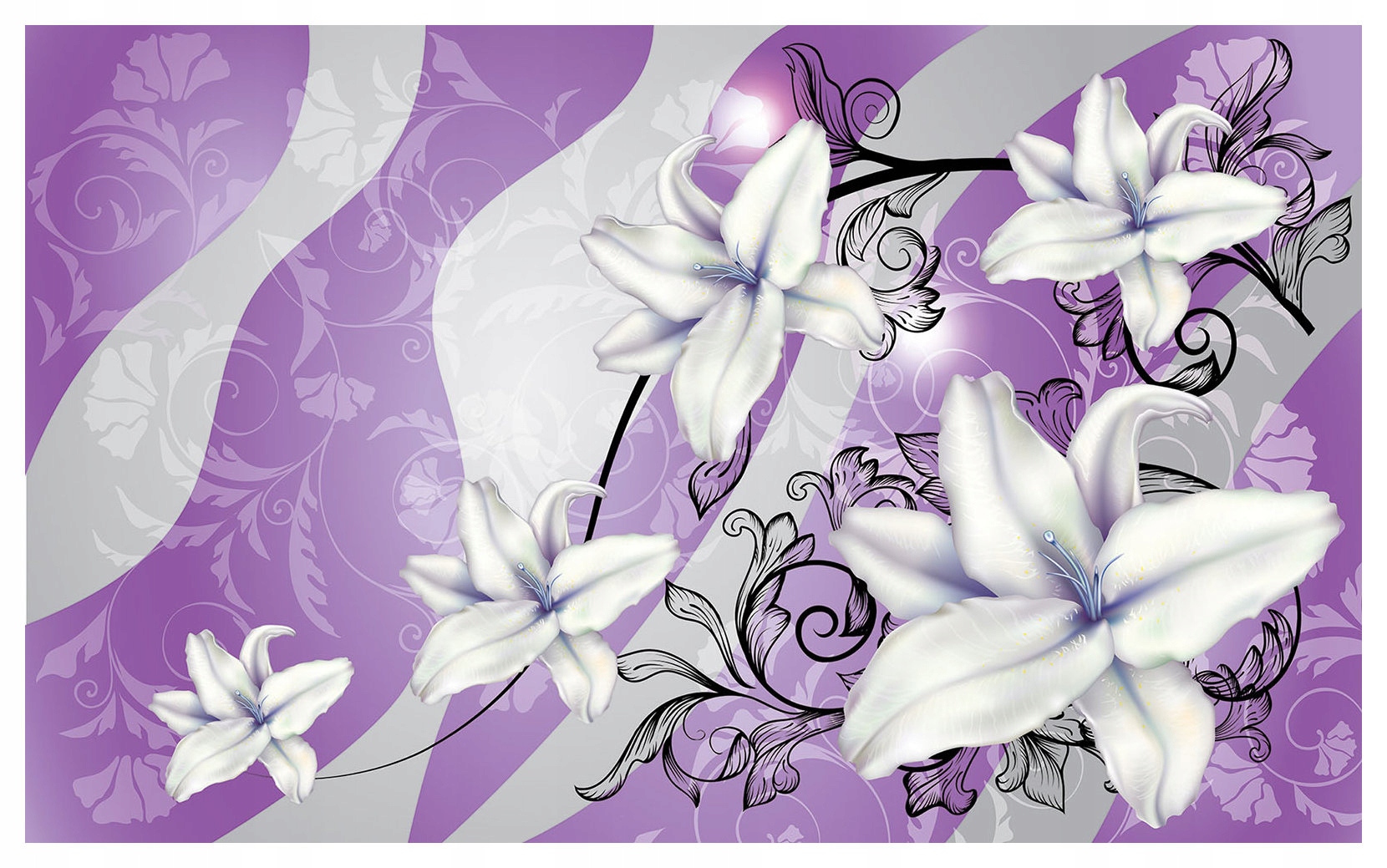 Fototapeta Lilie Biele Fialové Kvety Perspektíva 3D 312x219 lepidlo