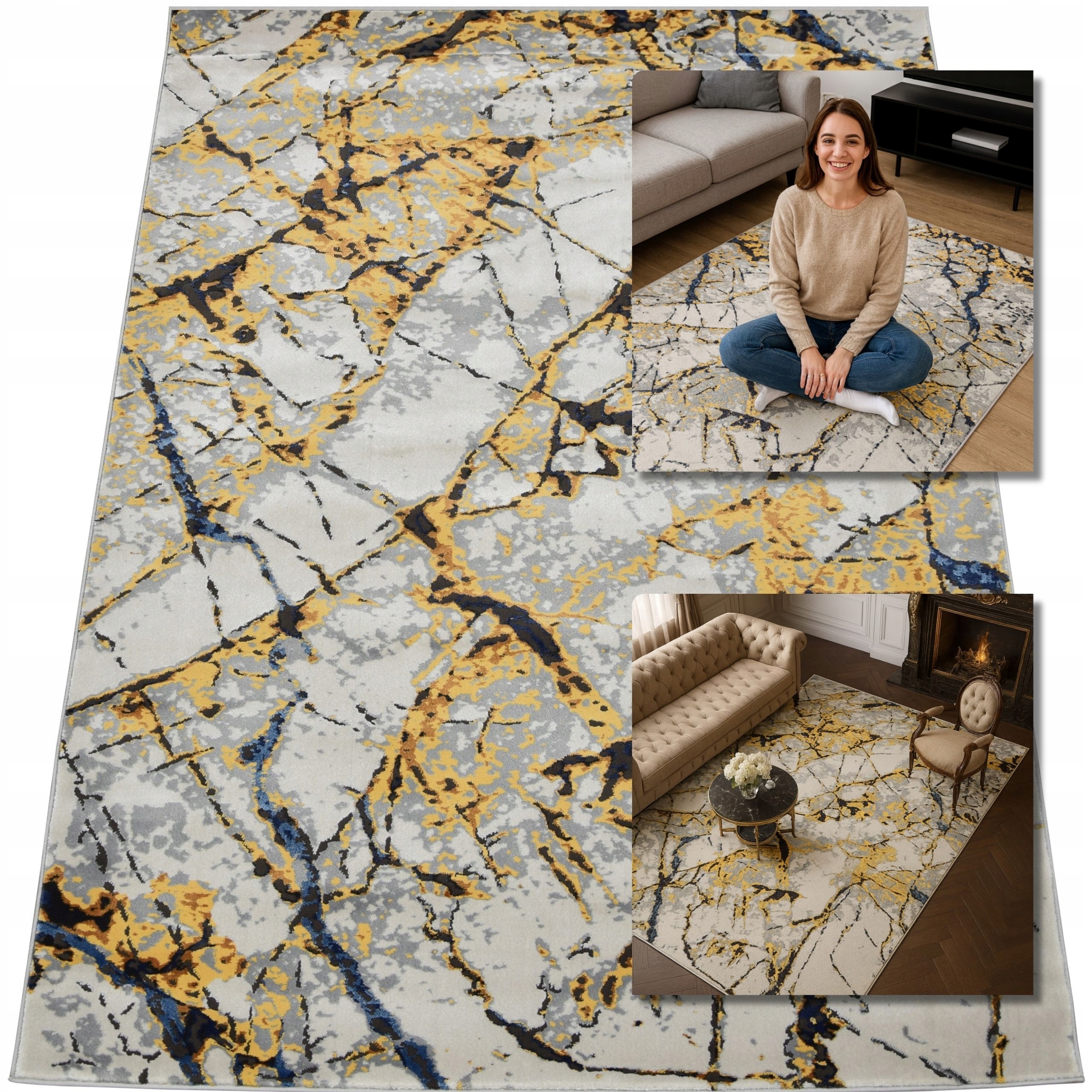 Moderní Koberec Šedý Žlutý Tmavě Modrý Mramor Etna Koberce Do Obývacího Pokoje 140x200