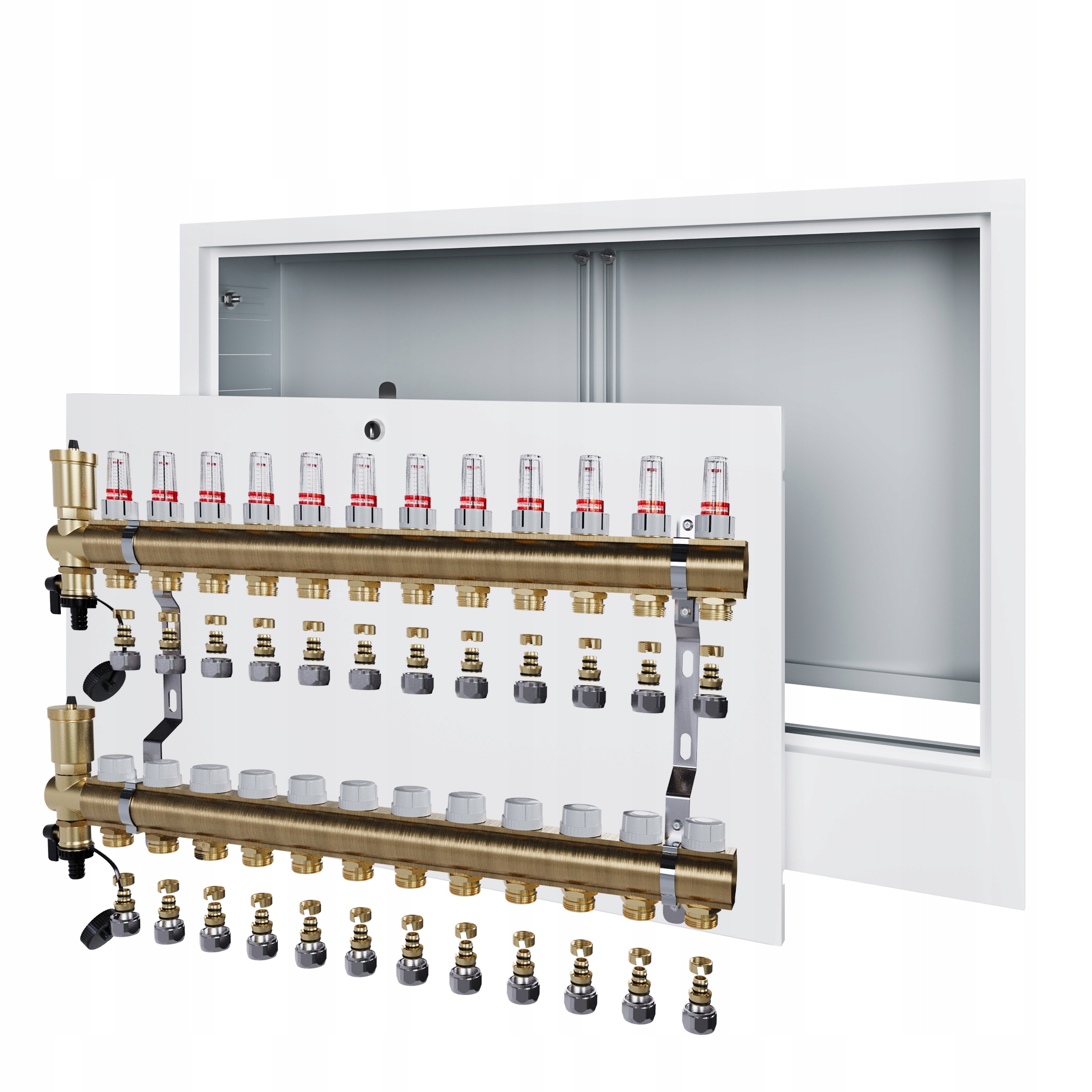 Rozdělovač pro podlahovku 12 okruhů s podomítkovou schránkou a spojkou Pex