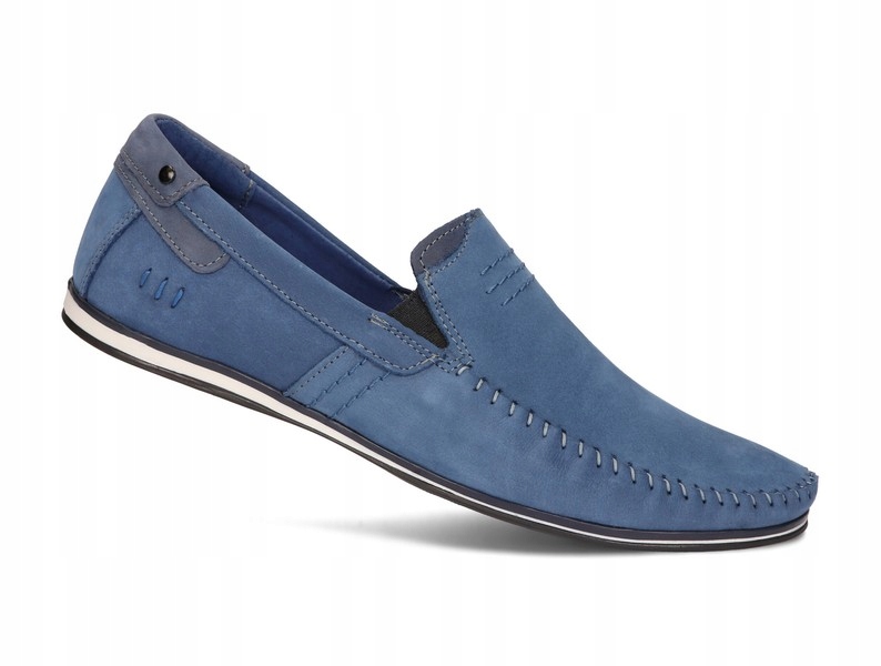 Mokasyny Buty Męskie Wsuwane Skóra Naturalna Nubukowa 876 Niebieski 42 Kolor niebieski
