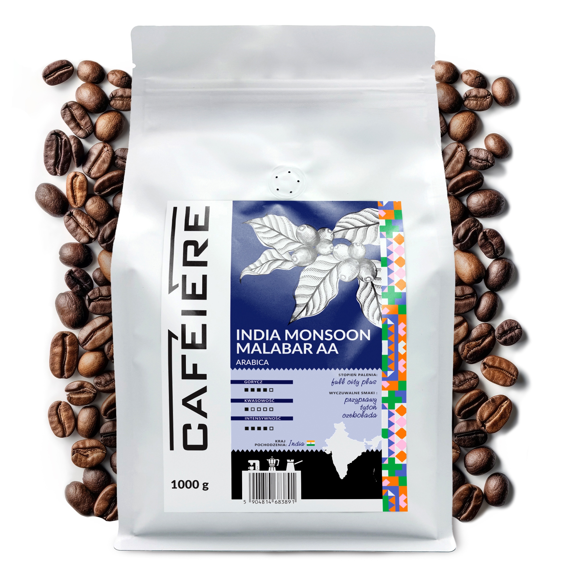 Levně Káva zrnková 1 kg India Monsoon Malabar Aa 100% Arabica Čerstvě pražená