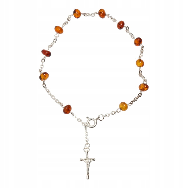 Stříbrný růženec na ruku náramek kameny přírodní jantar křížek