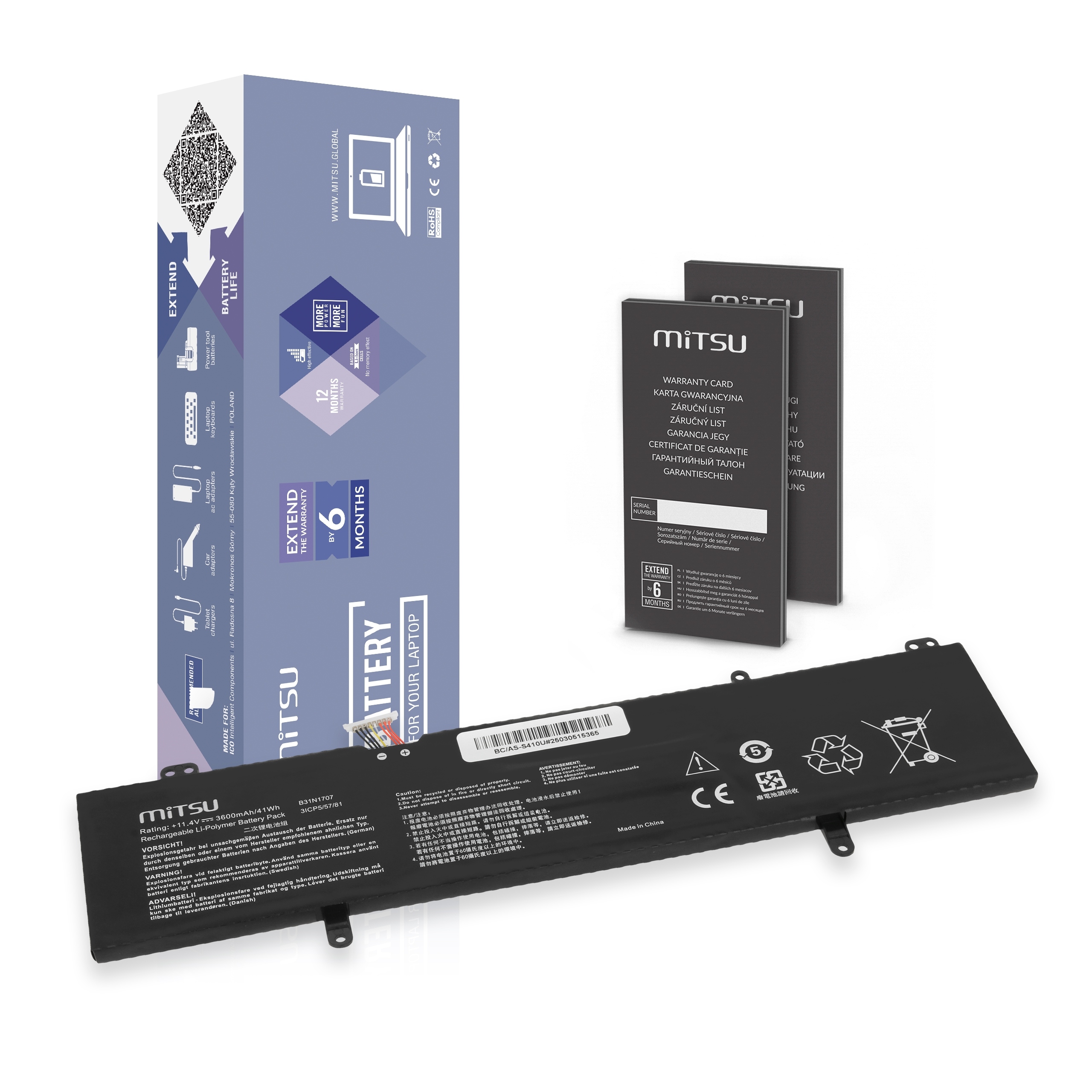 Bateria B31N1707 do Asus VivoBook F411U, S410U, X411U