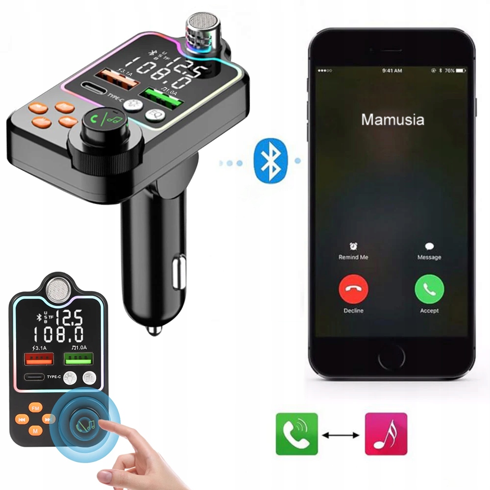 TRANSMITER BLUETOOTH SAMOCHODOWY BT 5.0 ŁADOWANIE QC 3x USB RGB AUDIO FM Kod producenta SZYBKA ŁADOWARKA USB-C ODBIORNIK CAR ADAPTER