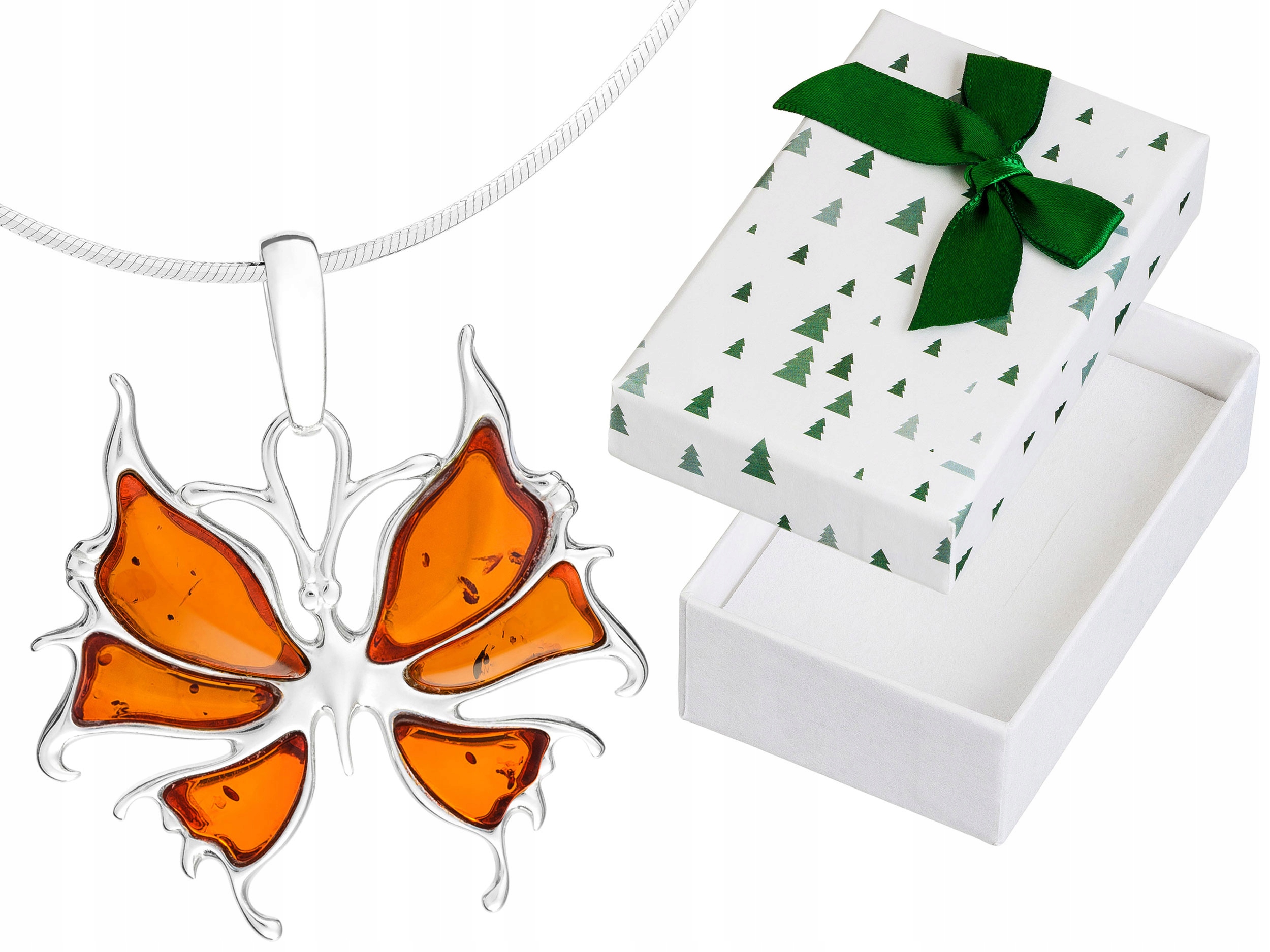 Krátký Stříbrný Dámský Náhrdelník Motýl s Jantarem Motýlek Choker Stříbro 32