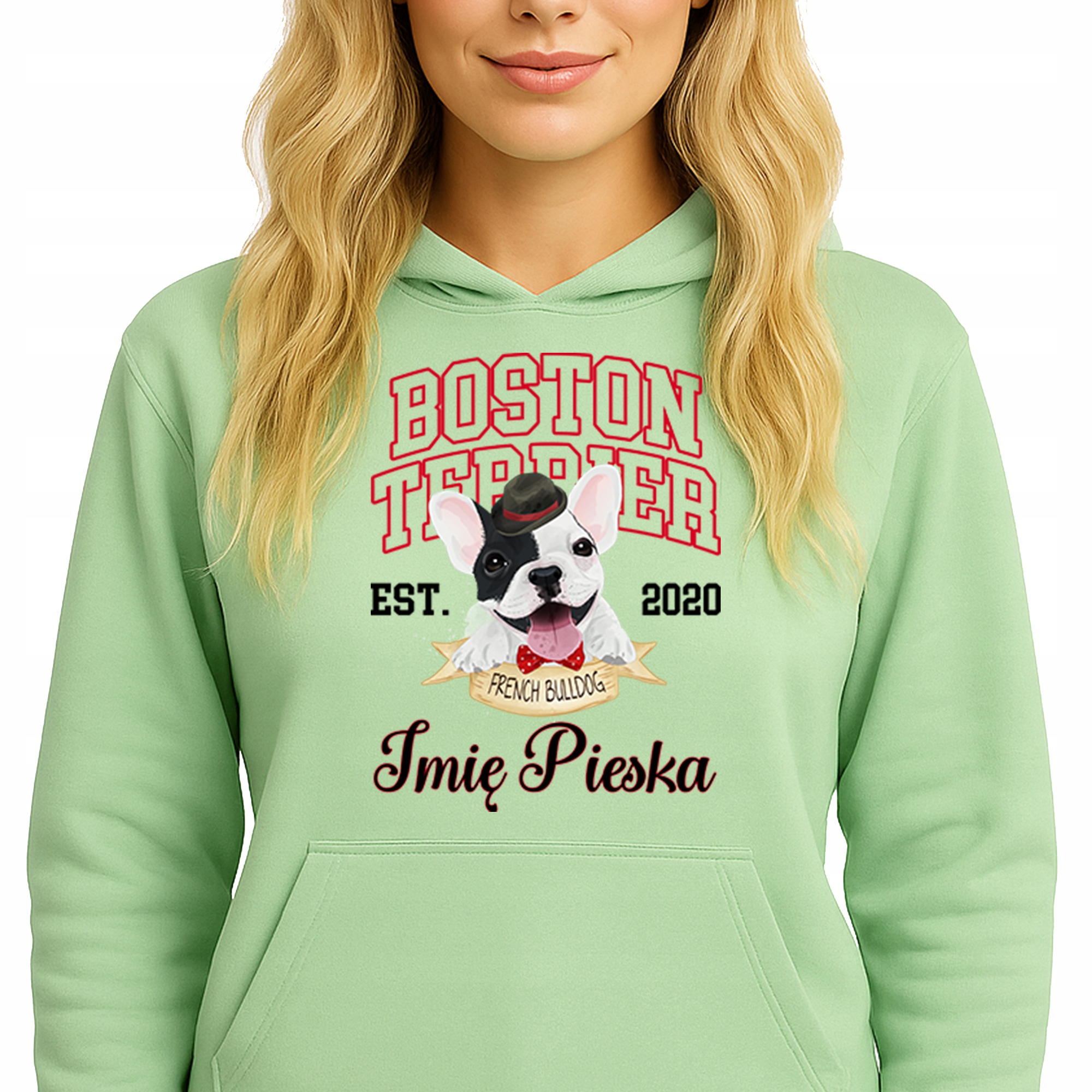 Mikina S Kapucí Zelená bavlněná mikina Boston Terrier Jméno psa M