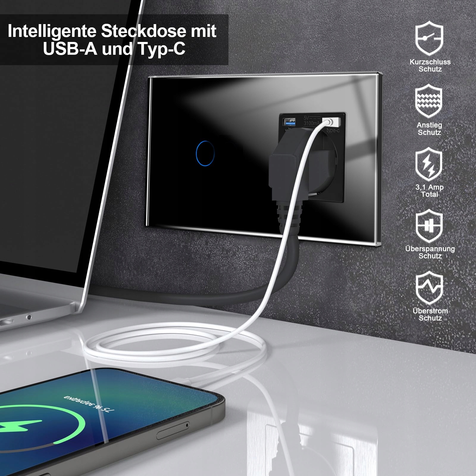 CNBINGO Inteligentny Włącznik Dotykowy Z Gniazdem USB Typu C Czarny — miniatura 3