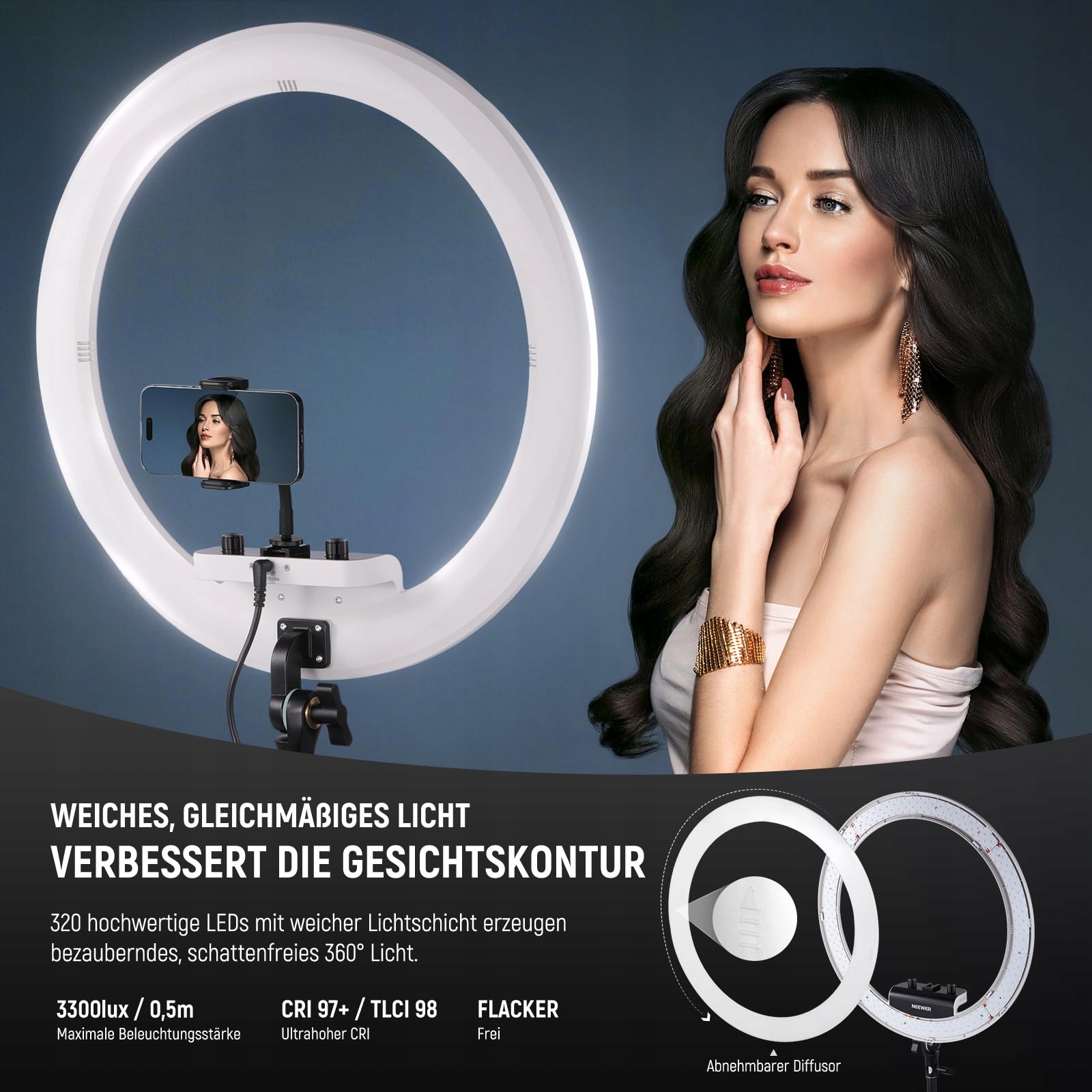 NEEWER Profesjonalne Ring Light 18" 45W Stojak Uchwyt Telefonu Aplikacja — miniatura 3
