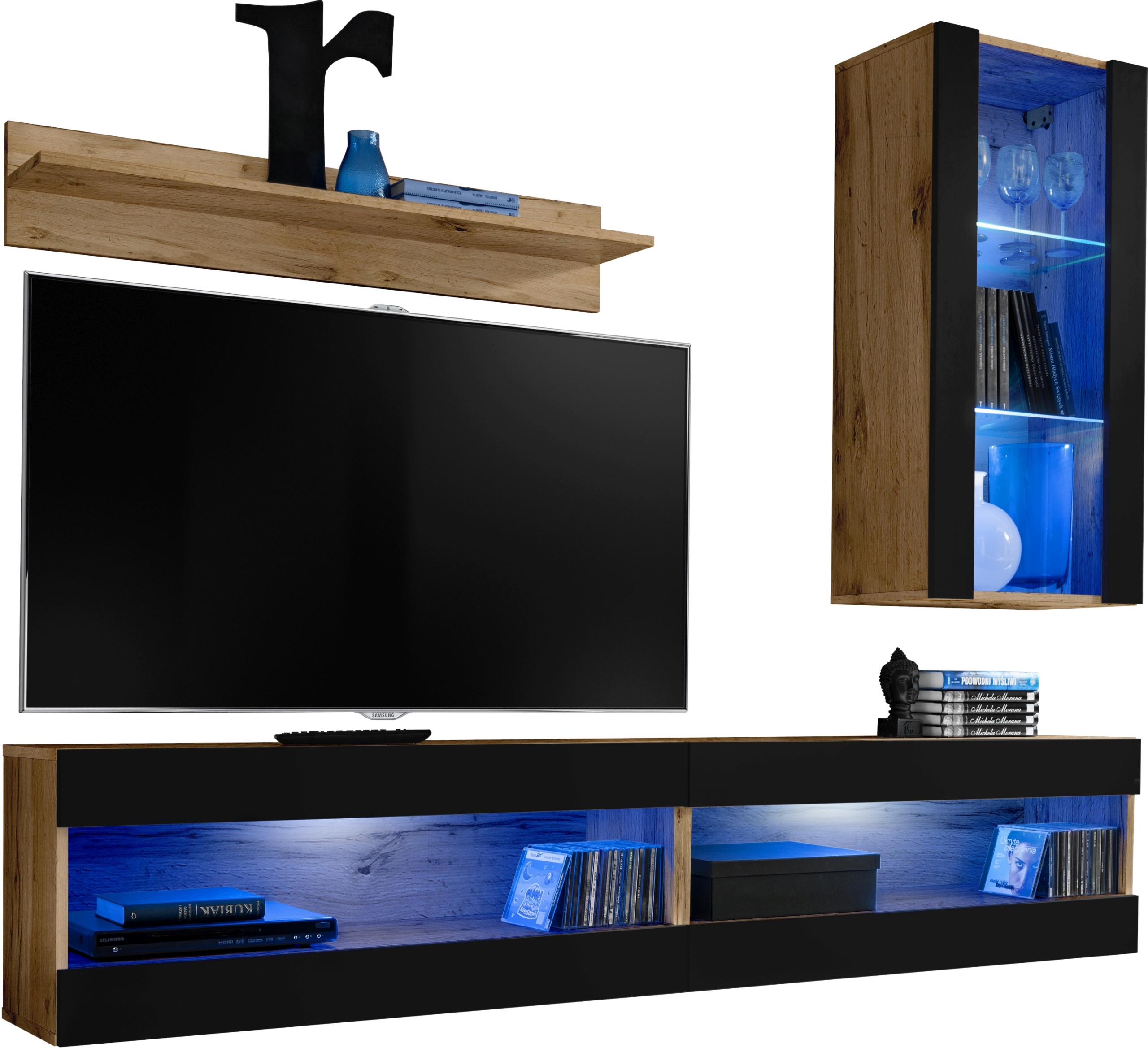 Sada nábytku Rtv Tivoli SET5 Dub Wotan/Čierna, Modré Led