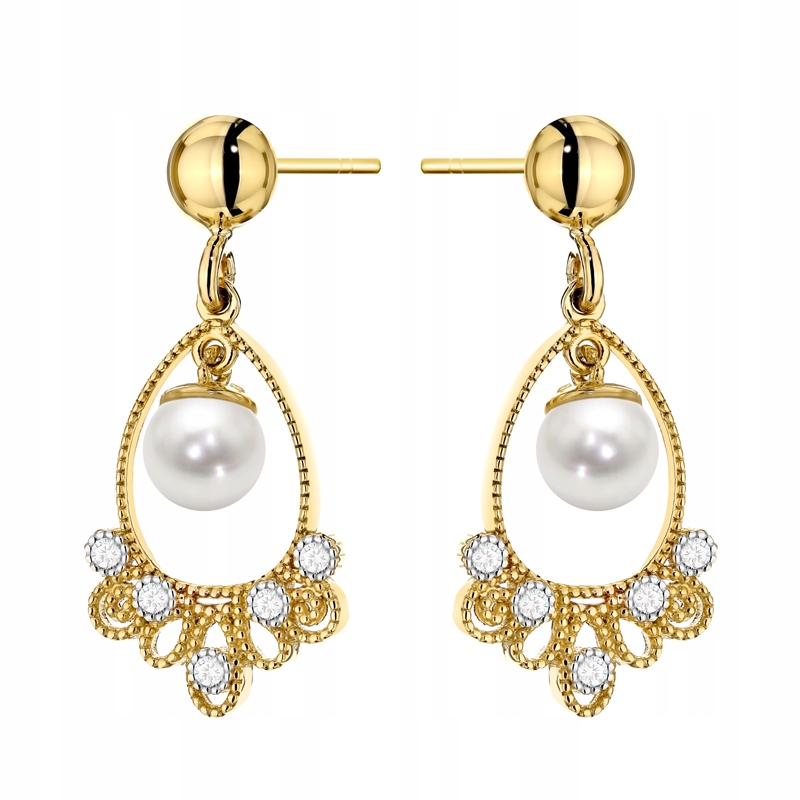 Zlaté Náušnice Dámské pr. 585 14k Závěsné ažurové s perlami Krabička