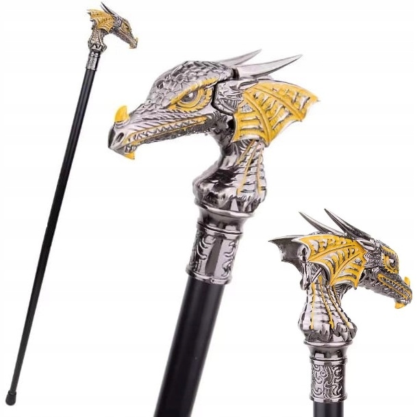 Laska metalowa ozdobna Smok Srebrno-Złota Szczegółowo zdobiona laska