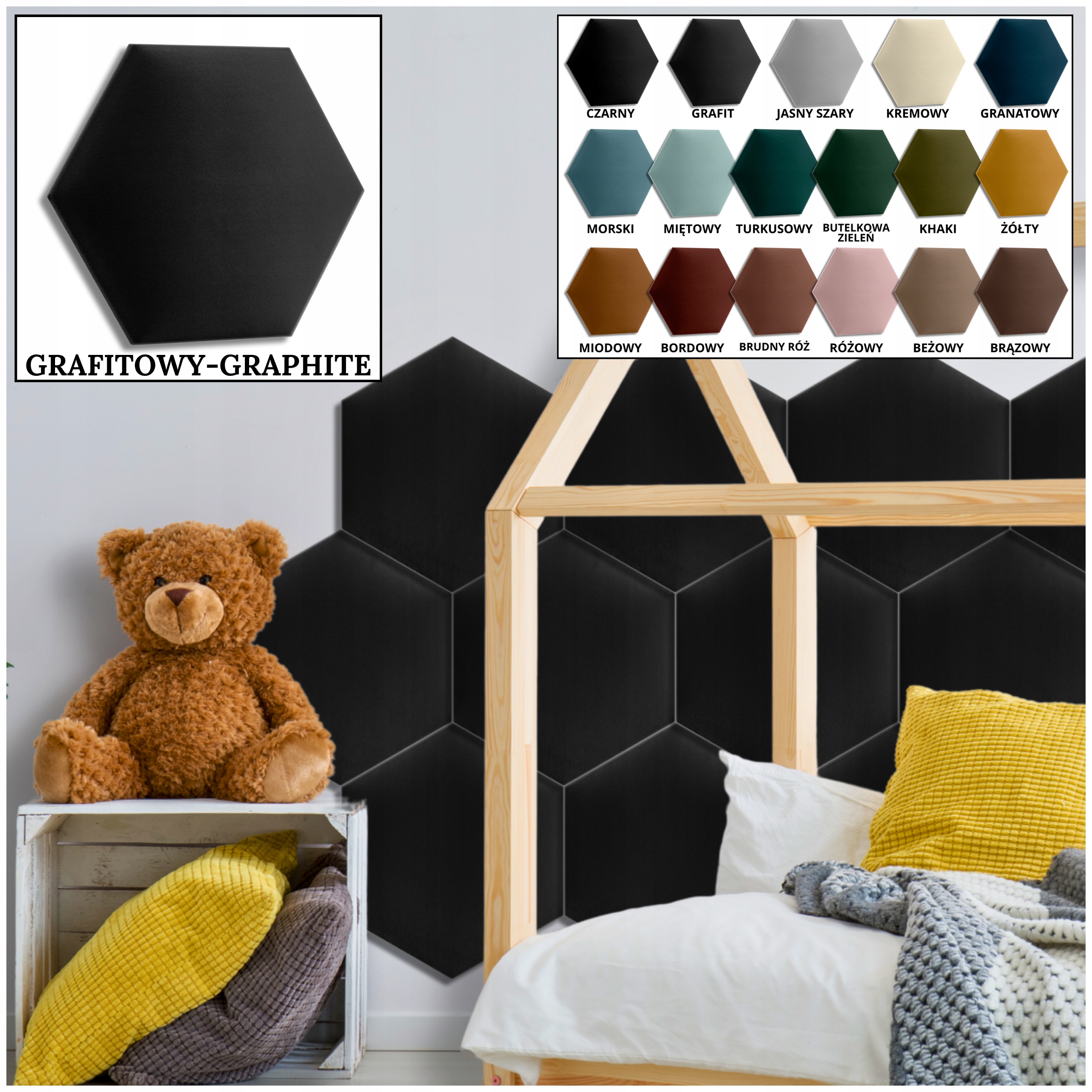 Panele Ścienne Tapicerowane WELUR PLUSZ GRAFITOWY Heksagon 30x26 H15 Miękki