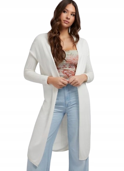 Guess Dlouhý Bílý Svetr Viskóza Hedvábí Výstřih Lodička Gxj