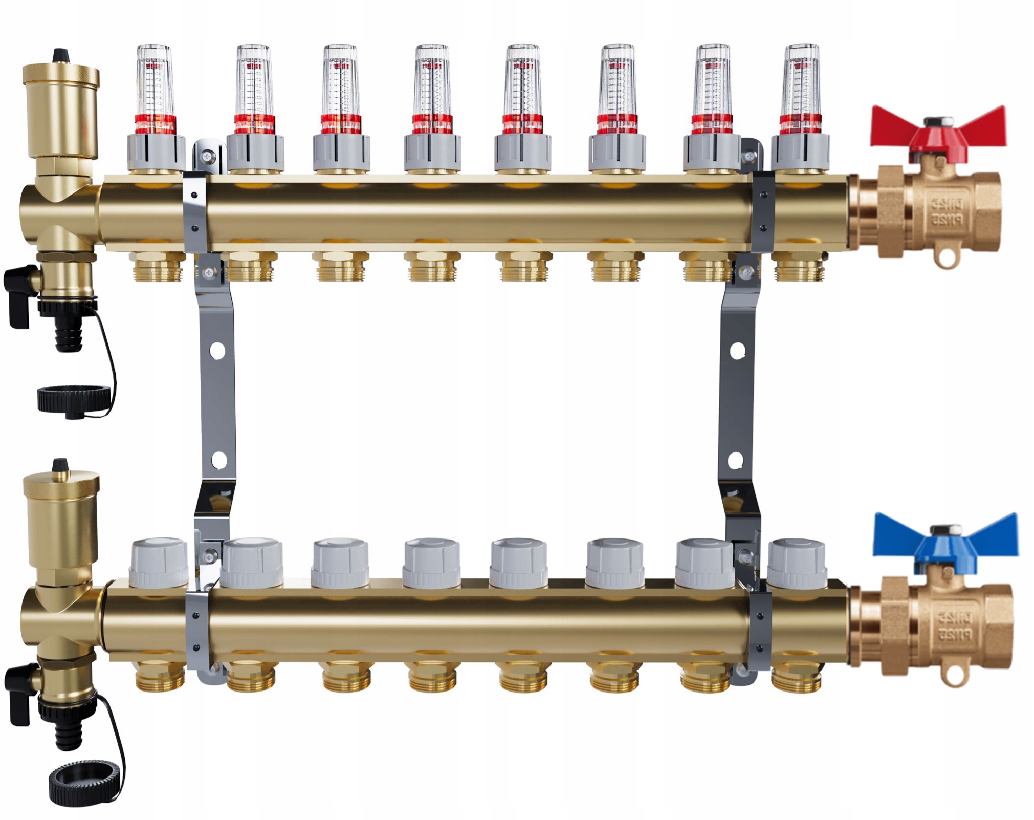 Rozdělovač pro podlahové vytápění – 8 okruhů jednoduché kulové ventily