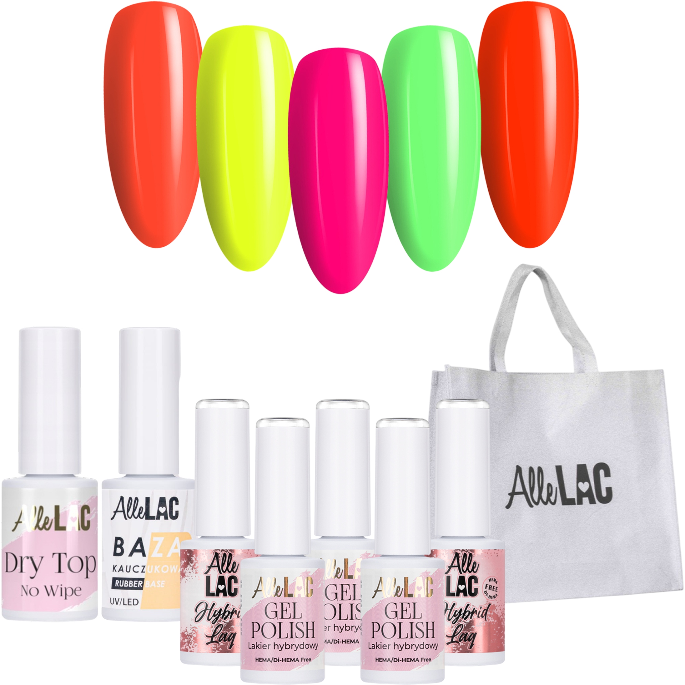 5x Hybridní lak Allelac 6g Skittle Nails Základna Top a Taška přes rameno