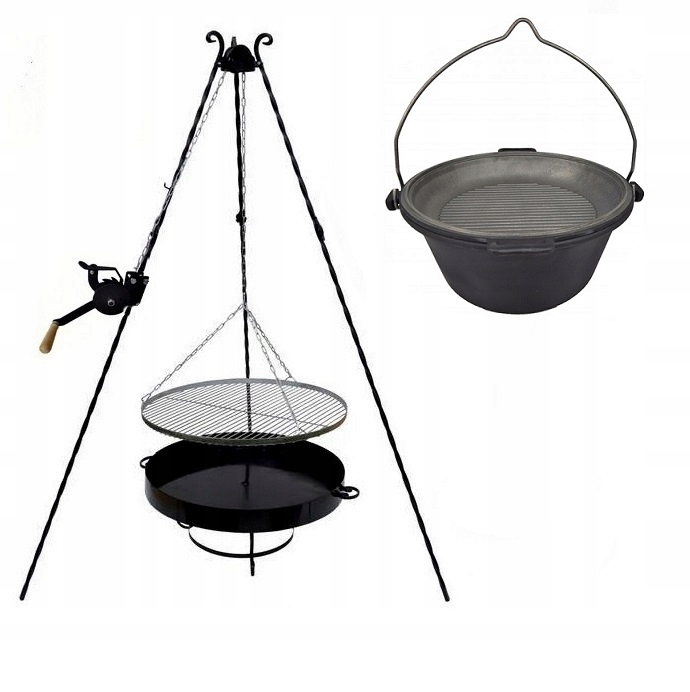 Grilovací rošt Nerezový 70 Ohniště naviják kotlík litinový 11 víko