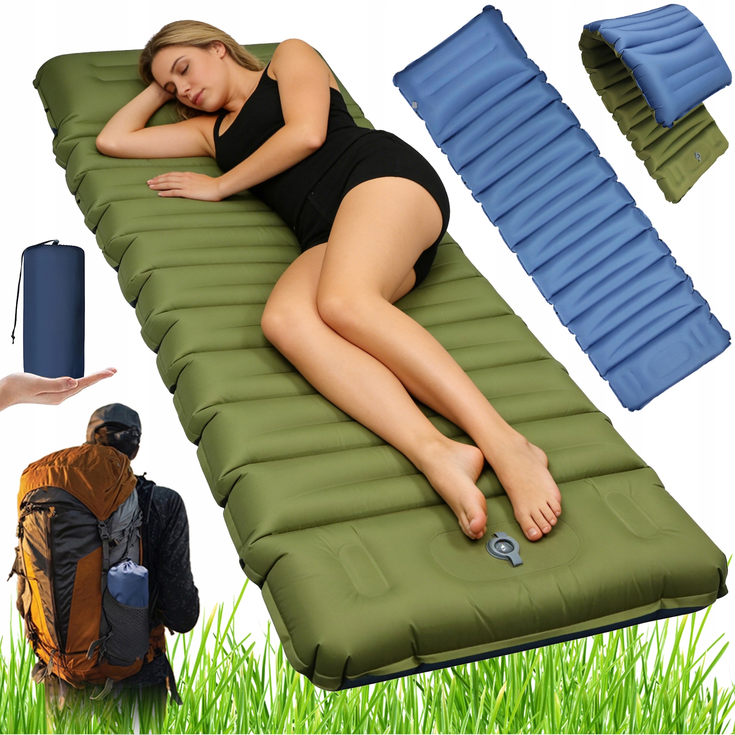 Materac Dmuchany Turystyczny Mata Wodoodporna Szybkie Pompowanie Z Poduszką
