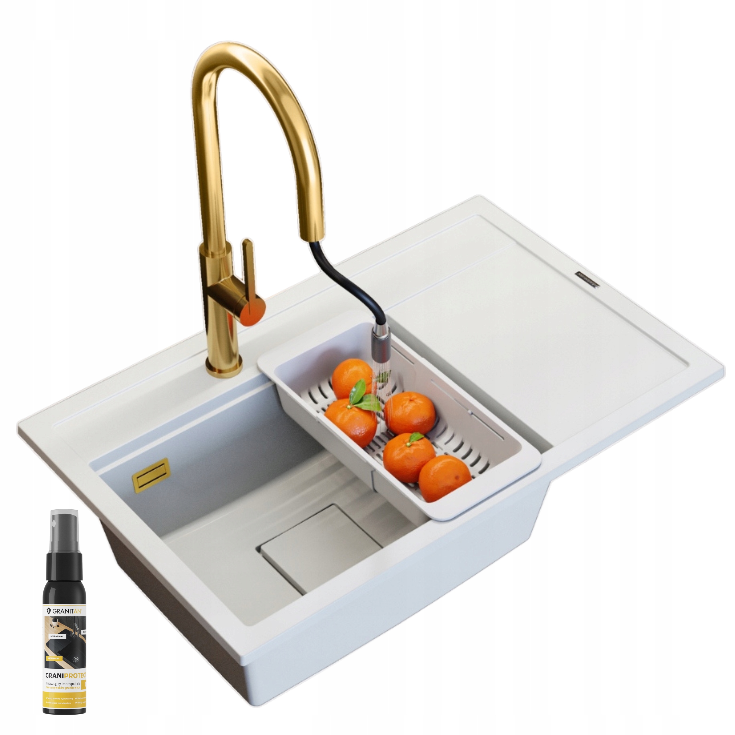 Granitový drez Rendo jednokomorový Biely Sada batérií Sifón 5v1