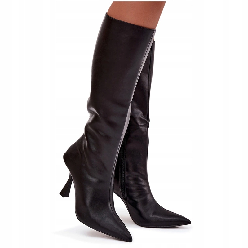 Dámské Kozačky Eko Kožené Podpatek Špendlík Zip Špičaté Špičky Černé 41