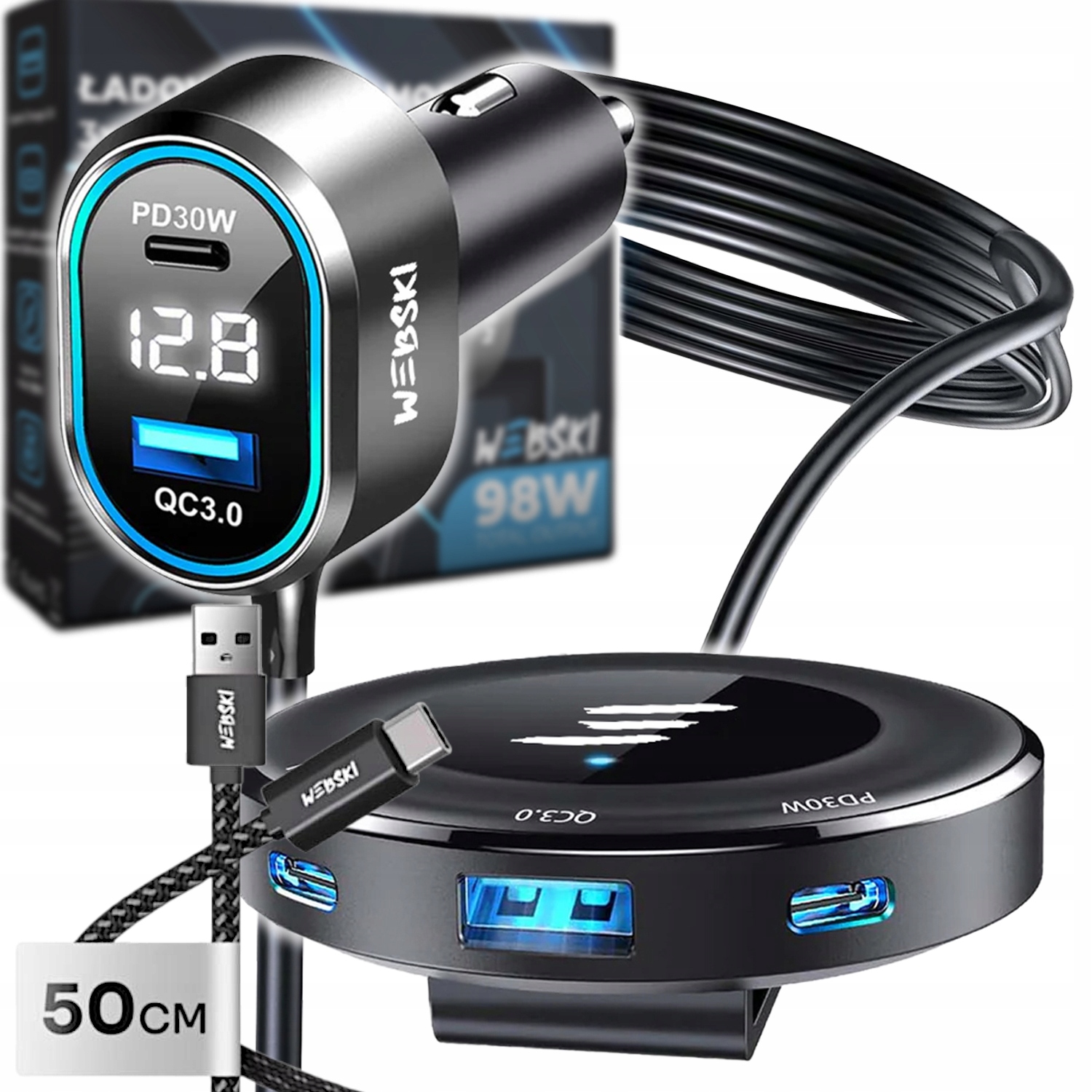 Ultrarychlá Automobilová 98W 2xUSB 3xUSB-C LCD Klips Kabel 50CM