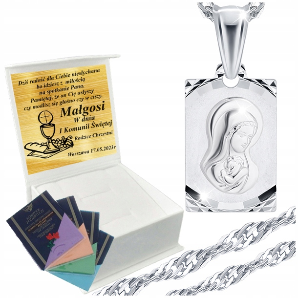 Łańcuszek Srebrny Medalik Naszyjnik 925 Na Komunię Chrzest UPOMINEK GRATIS