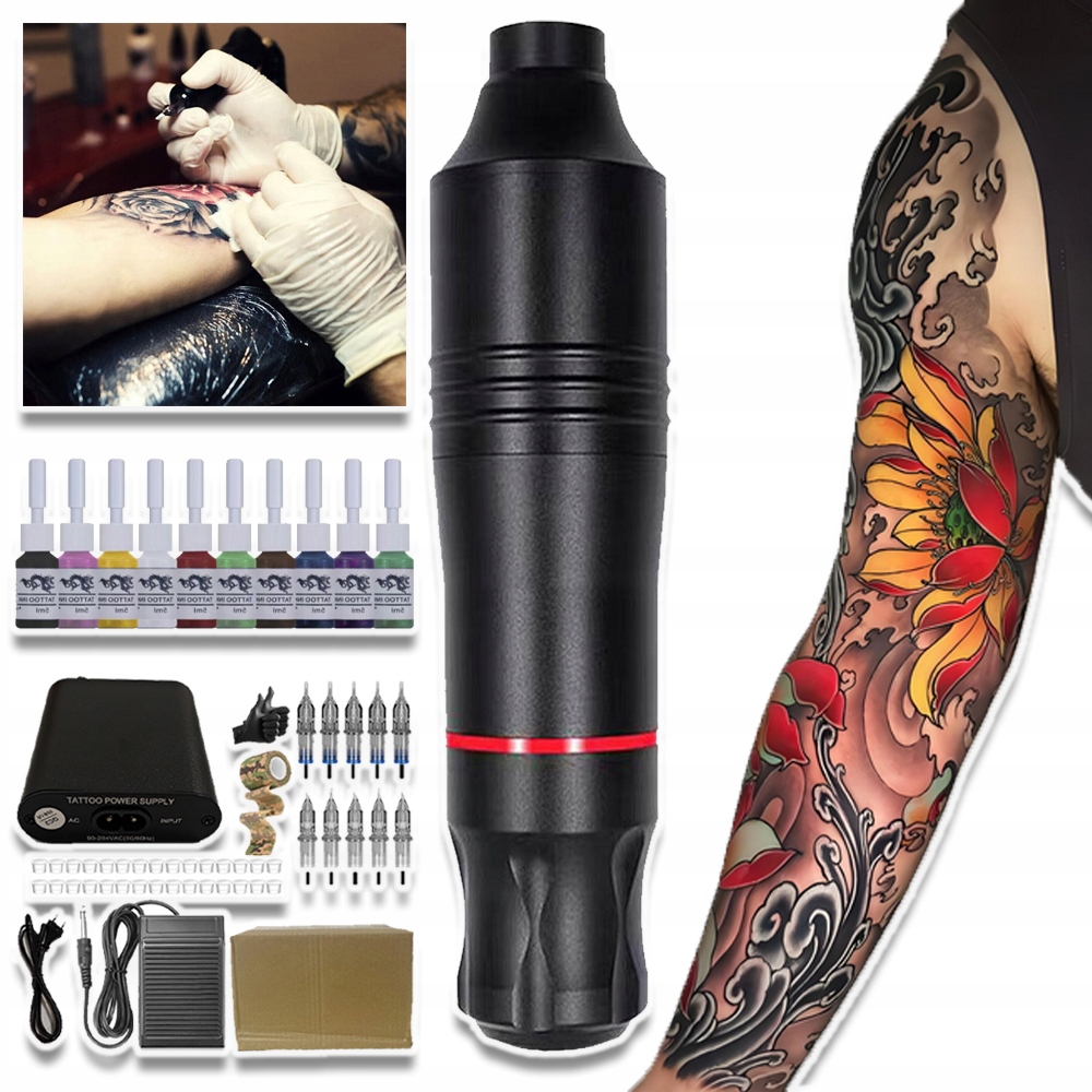 Sada Bezdrátových Tetovacích Strojků Na Tetování Kartridže Pen Kompletní 10X Inkoust