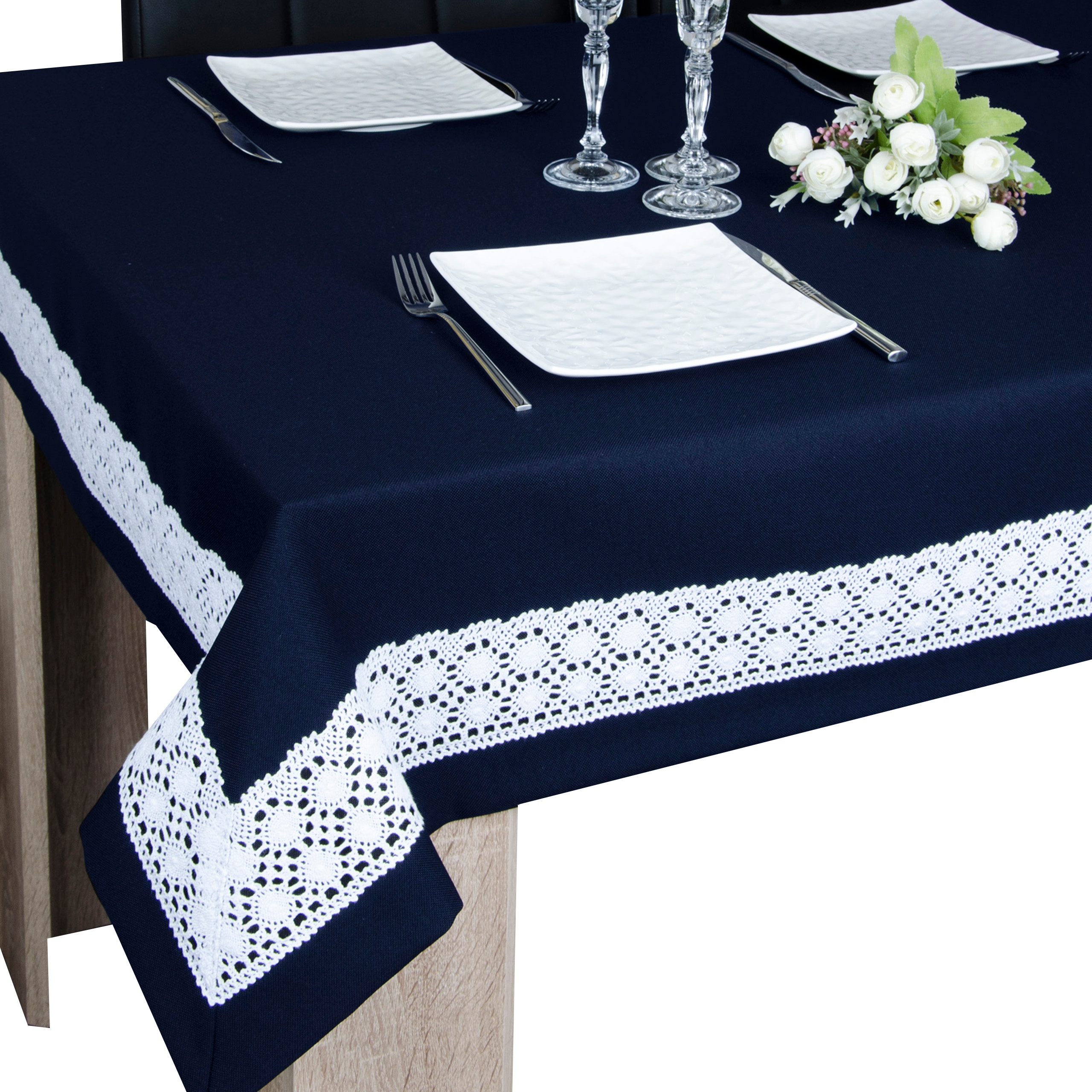 

plamoodporny obrus z koronką Sewilla 80x80 granat