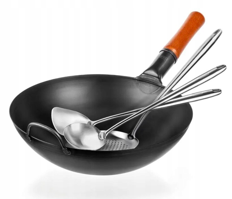Yosukata Sada Wok 34 cm Uhlíková oceľ príslušenstvo Naberačka Cedník