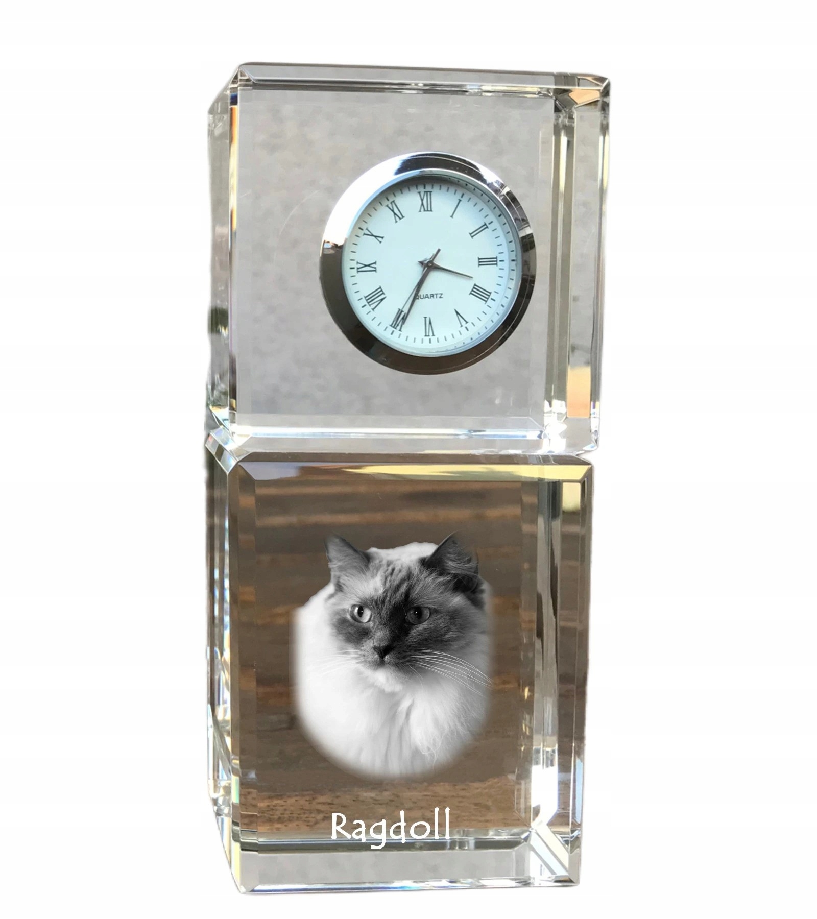 Mačka Ragdoll krištáľové stolové hodiny s vašou fotografiou, suvenír, odmena