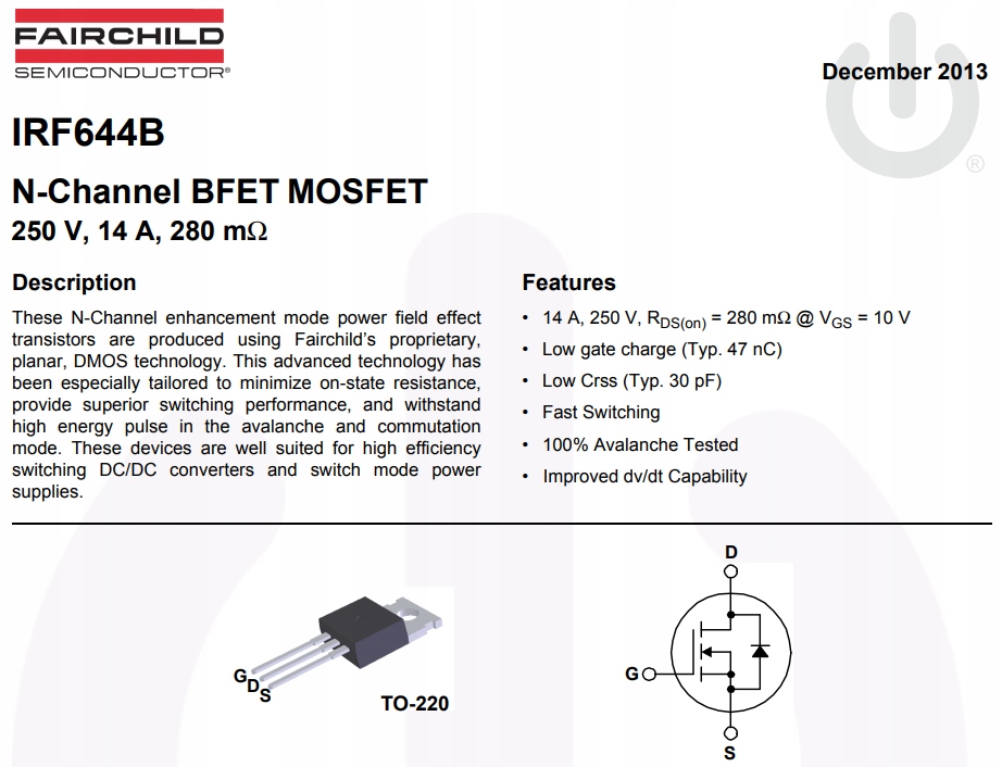 [2szt] IRF644B tranzystor N-MOSFET 14A 250V 139W Kod producenta IRF644B